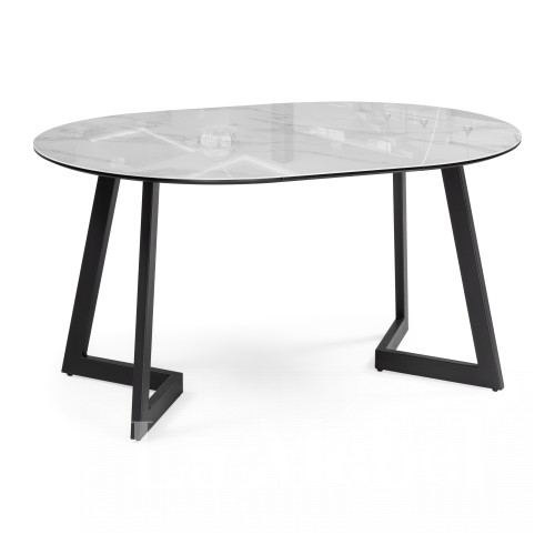 Стеклянный стол Алингсос 100(140)х100х76 белый мрамор / черный